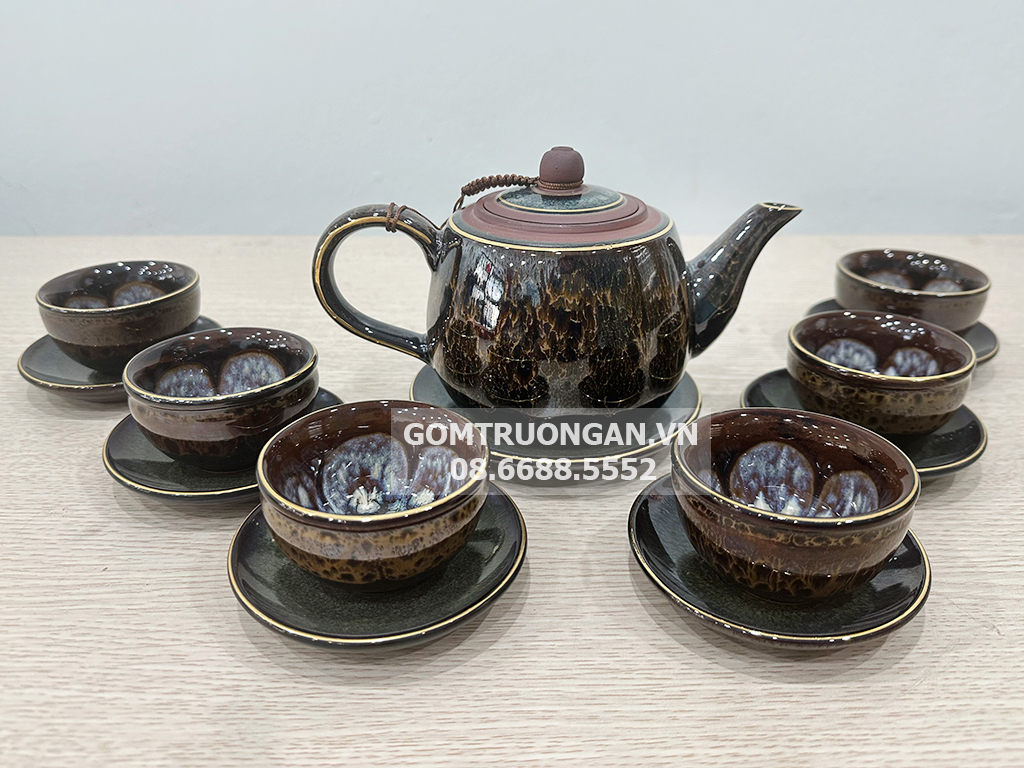 Bộ ấm trà tử sa hỏa biến Bát Tràng cao cấp mã não vẽ vàng 1